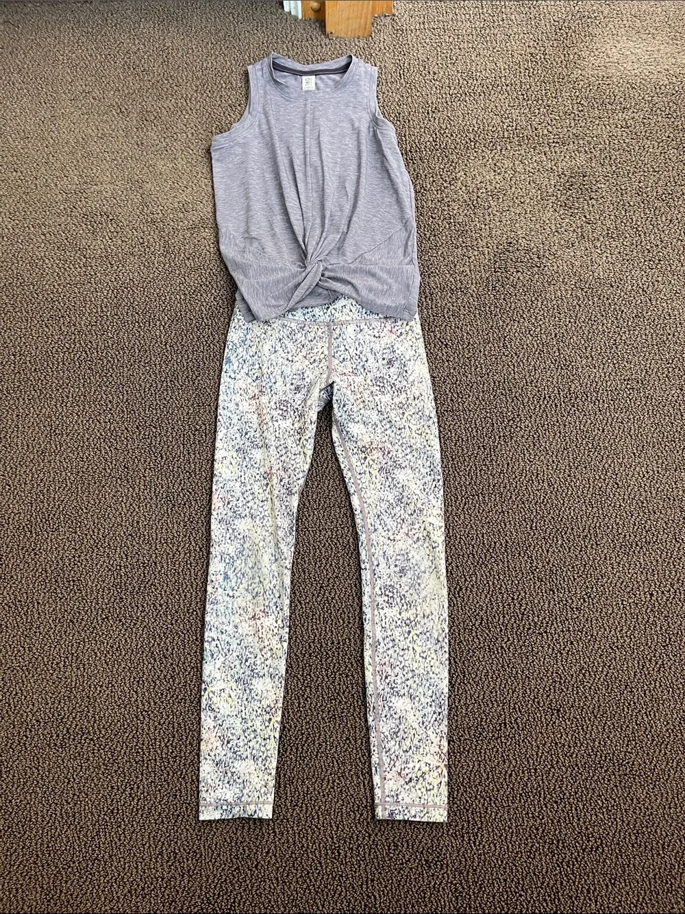 Athleta Girl Multicolor Speckled Leggings Sz M (8-10) & Lavendar Top, Sz S (7)